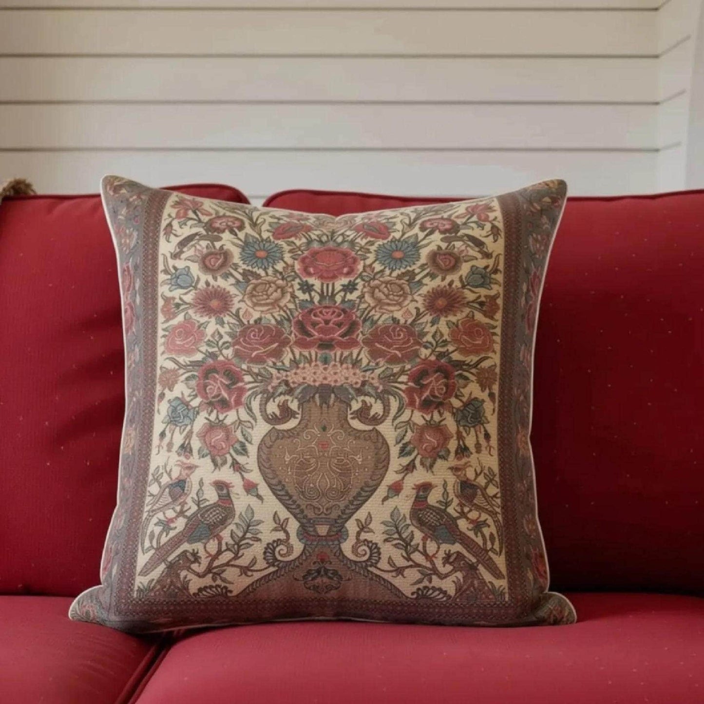 Moroccan Inspired woven blanket with floral pattern styled for layered home decor