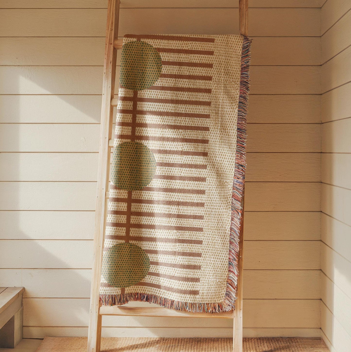Modern Geometric woven blanket with geometric pattern styled for layered home decor