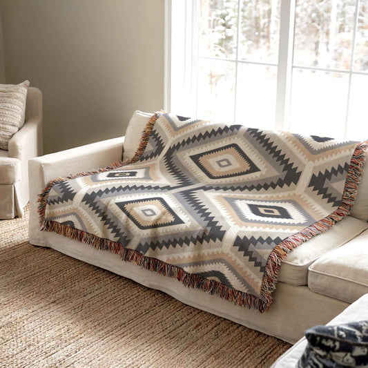 Boho Throw Blanket - Soft Cotton Fabric | Geometric Tribal Pattern Decor - timelessbohochic.com
