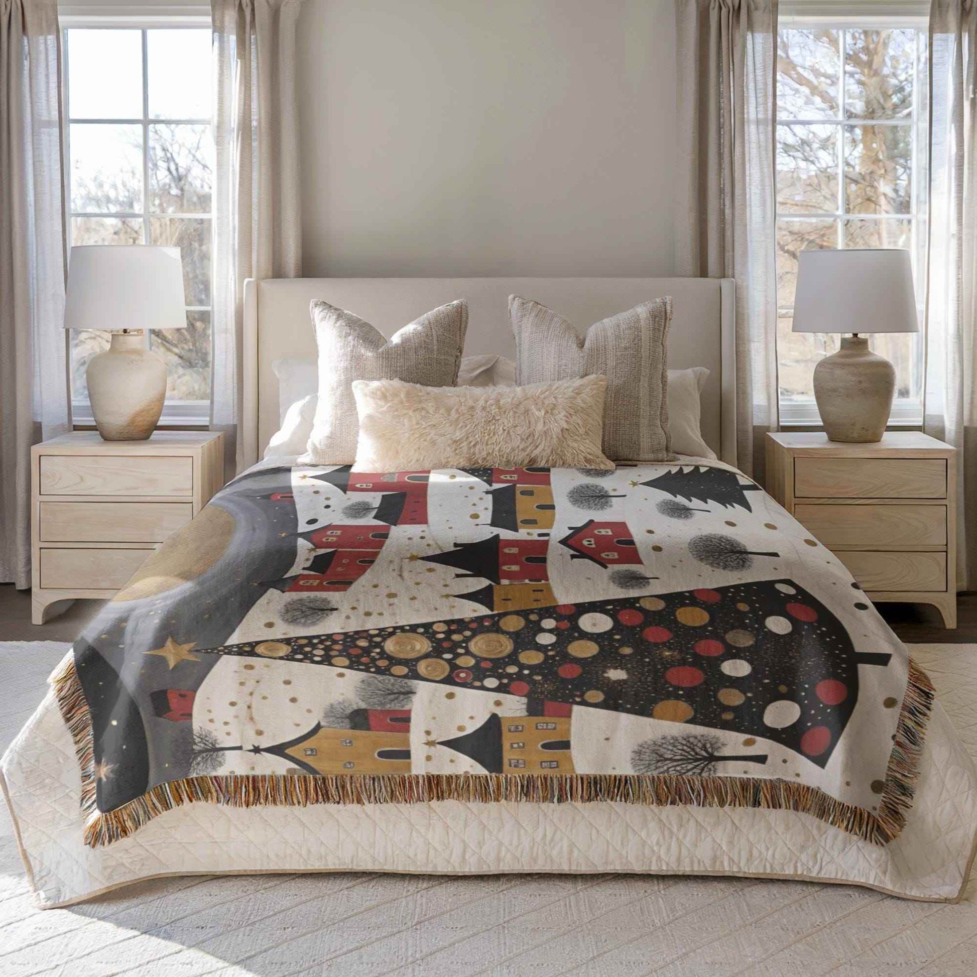 Christmas Village Throw – Cozy Cotton Holiday Bedding With Festive Folk Art Blanket - timelessbohochic.com