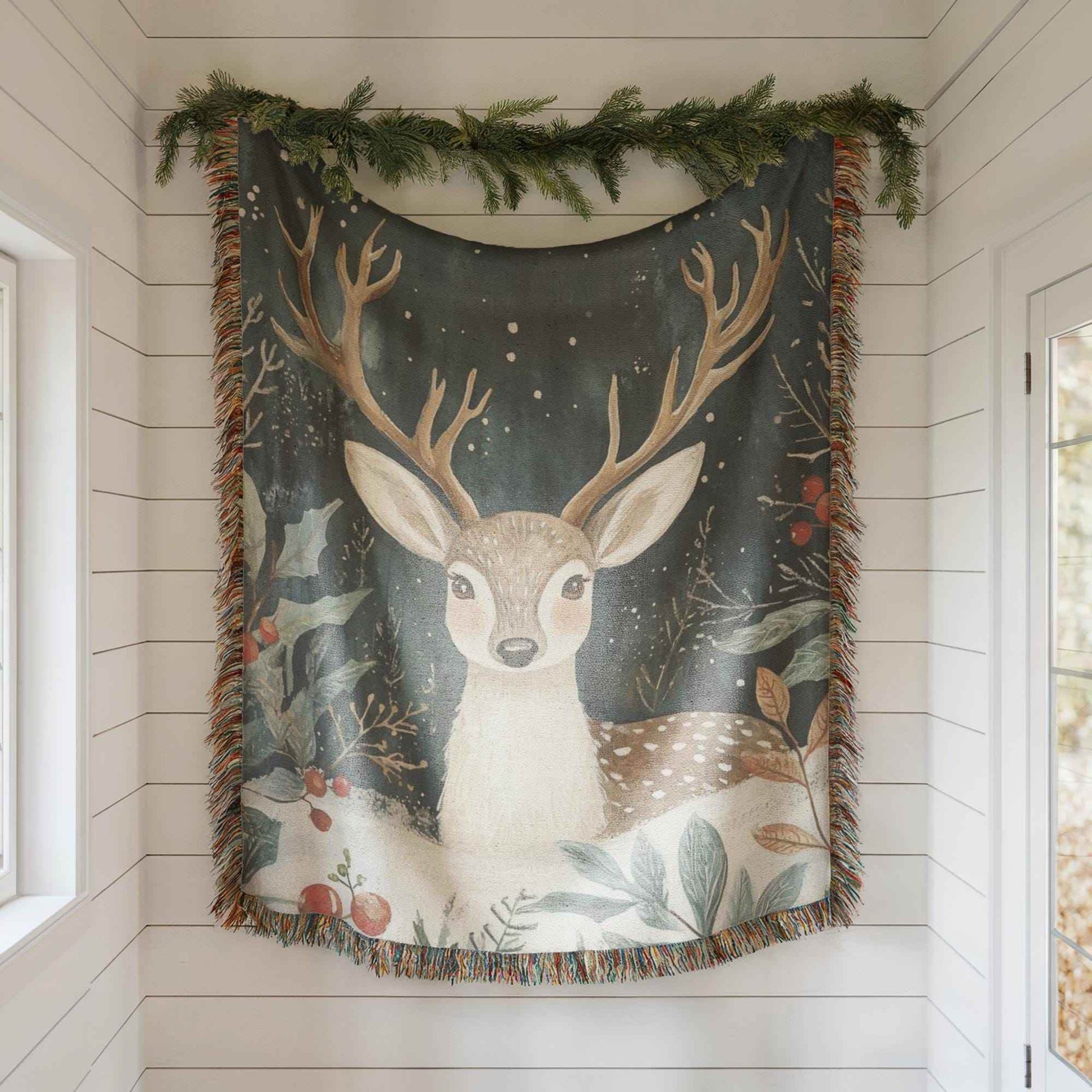 Christmas Tapestry Wall Hanging – Festive Woodland Animal Textile Art with Bambi and Holly - timelessbohochic.com