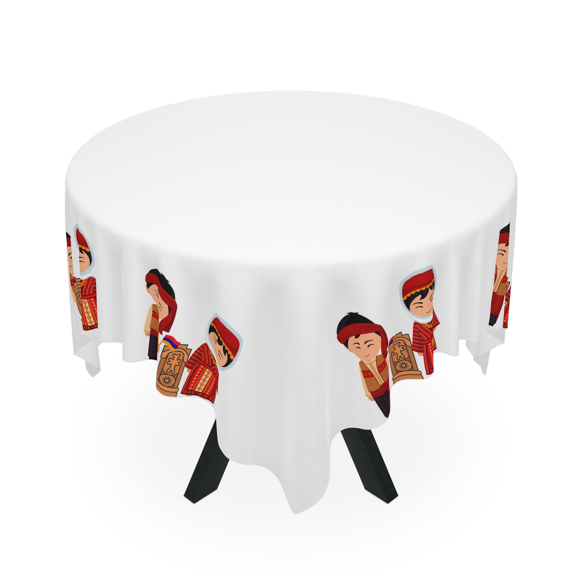 Armenian folk tablecloth with dress figures on a rectangular table with wooden chairs and house plants
