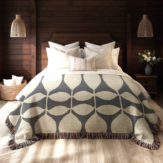 Modern Geometric woven blanket with geometric pattern styled for layered home decor