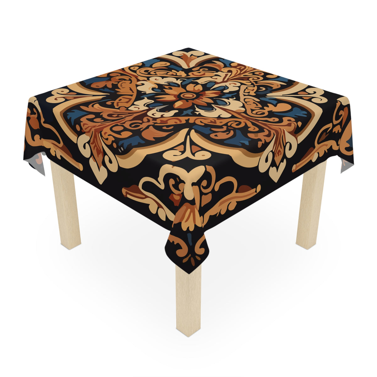 Black and sand Armenian tablecloth on a round dining table with a vase and a bowl of fruit