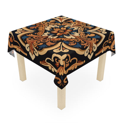 Black and sand Armenian tablecloth on a round dining table with a vase and a bowl of fruit
