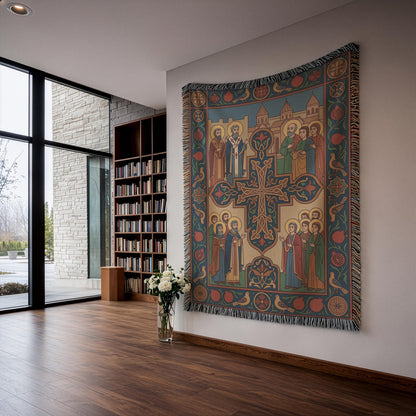 Large Orthodox Christian tapestry in a modern library corner, textured burgundy, teal, and dark brown tones