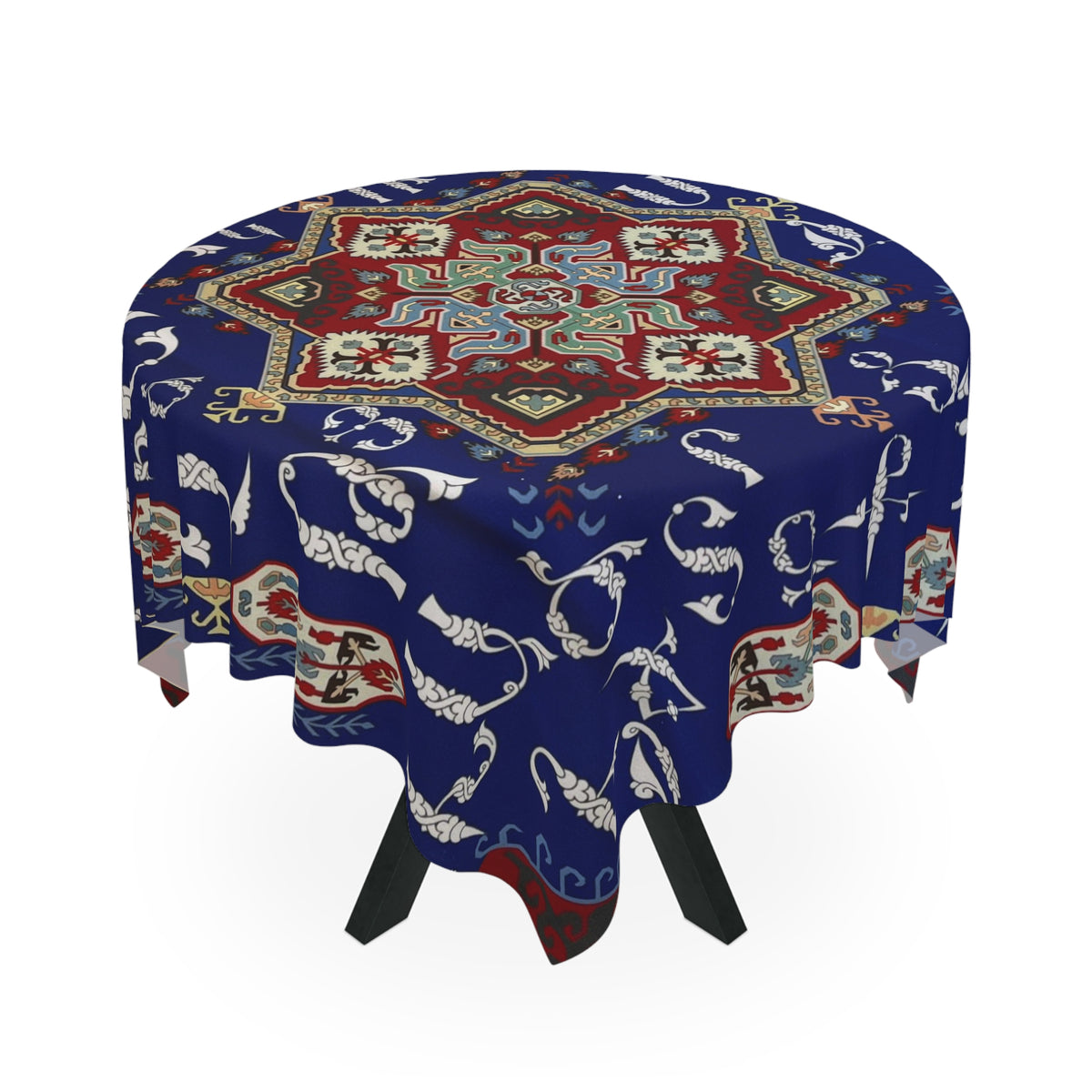 Navy Armenian alphabet tablecloth on a round table