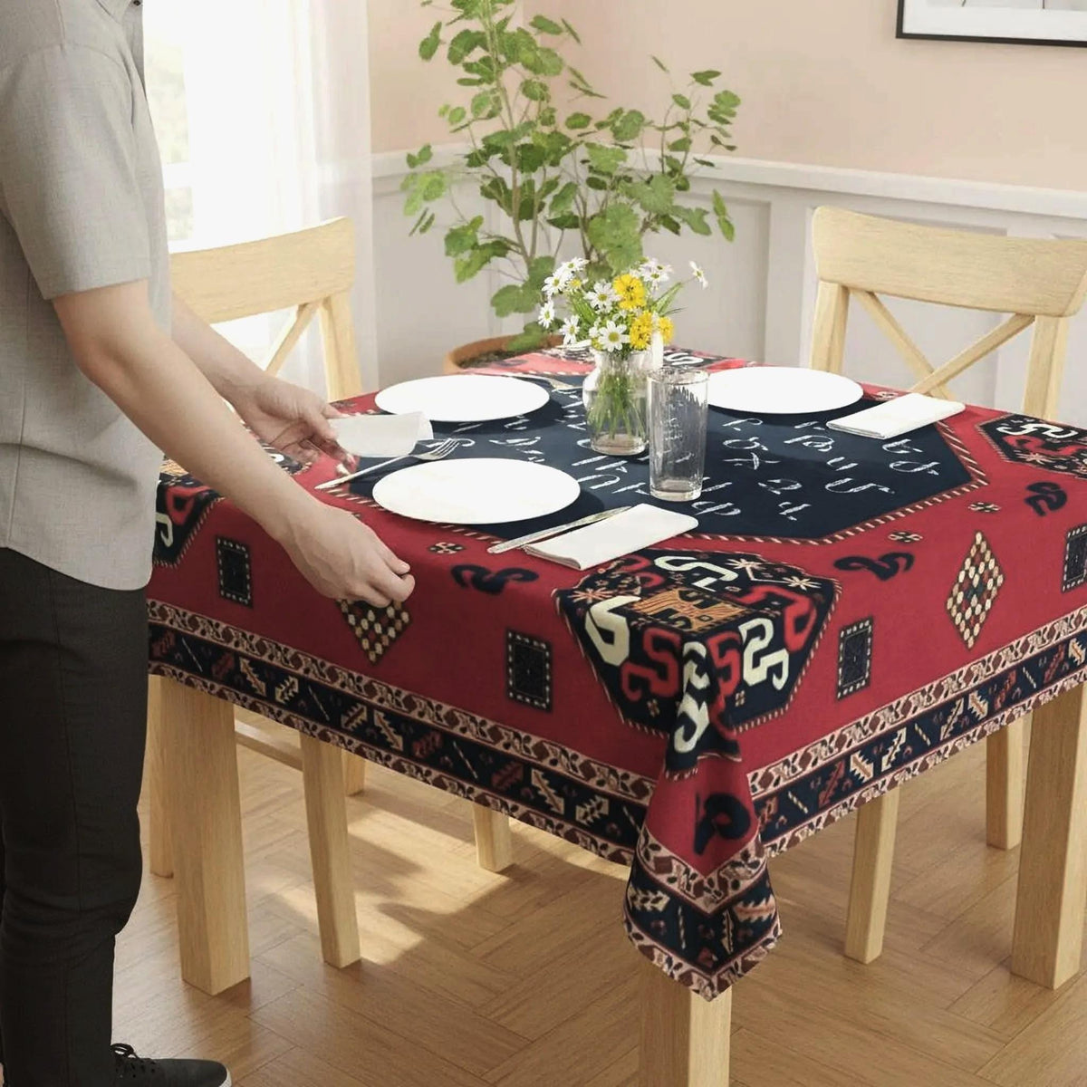 Armenian letters square tablecloth in navy and red on a dining table set with white plates and a vase of flowers