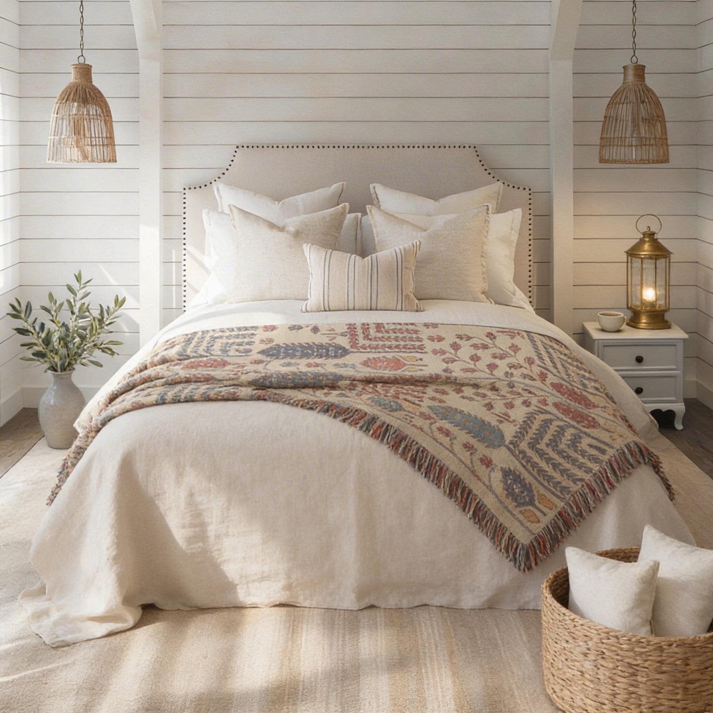 Anatolian Inspired woven blanket with rug-style pattern styled for layered home decor