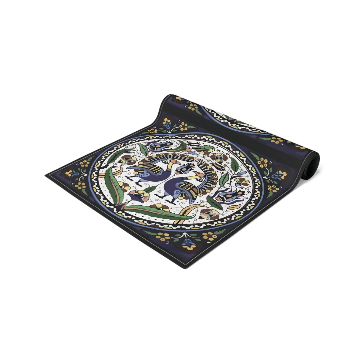 Armenian peacock table runner in dark navy shown on a dining table