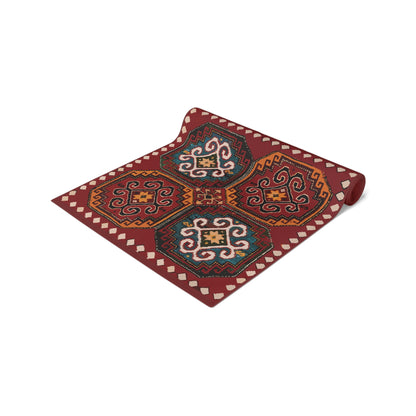 Anatolian Armenian carpet table runner in deep red shown on a dining table