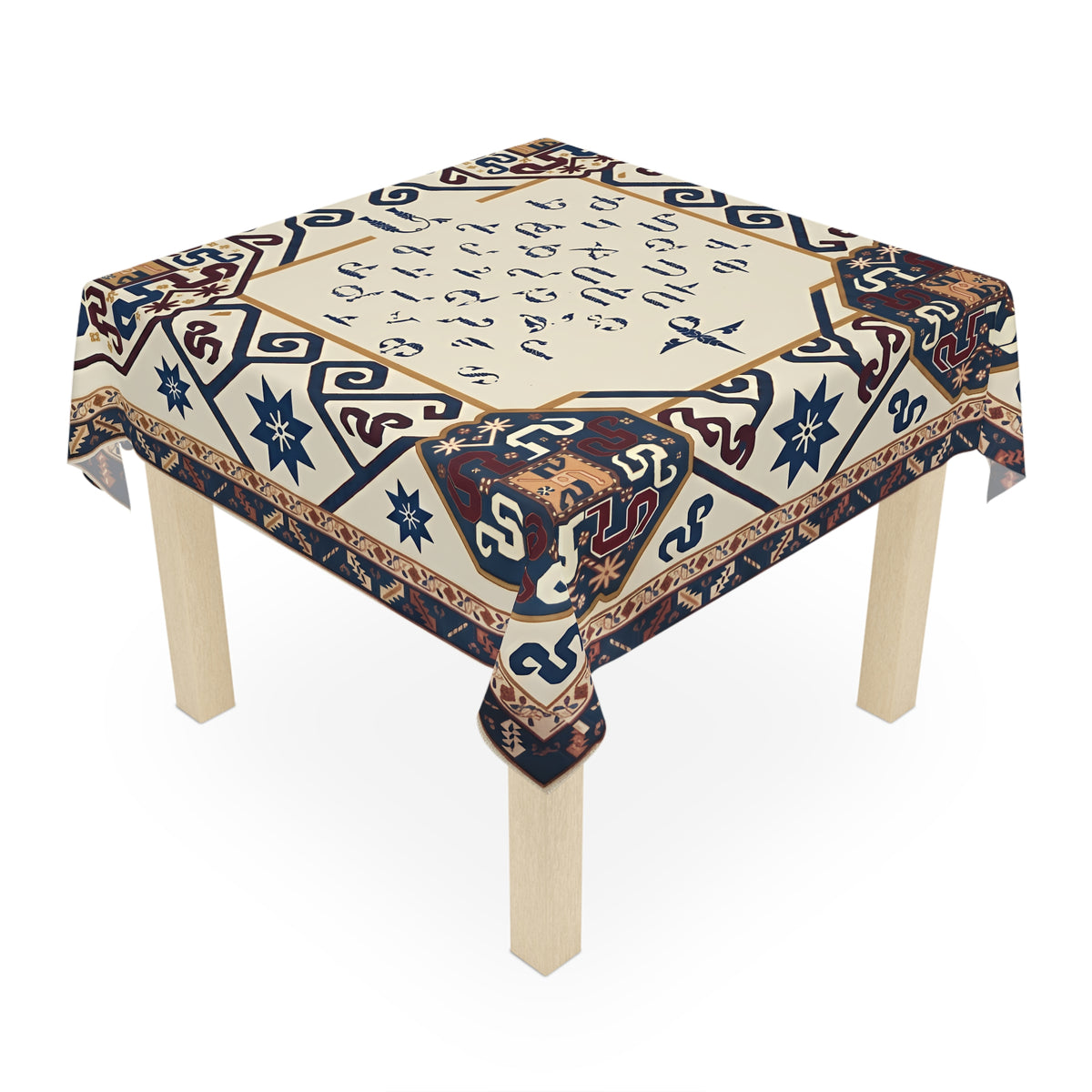Cream Armenian alphabet tablecloth draped over a square table
