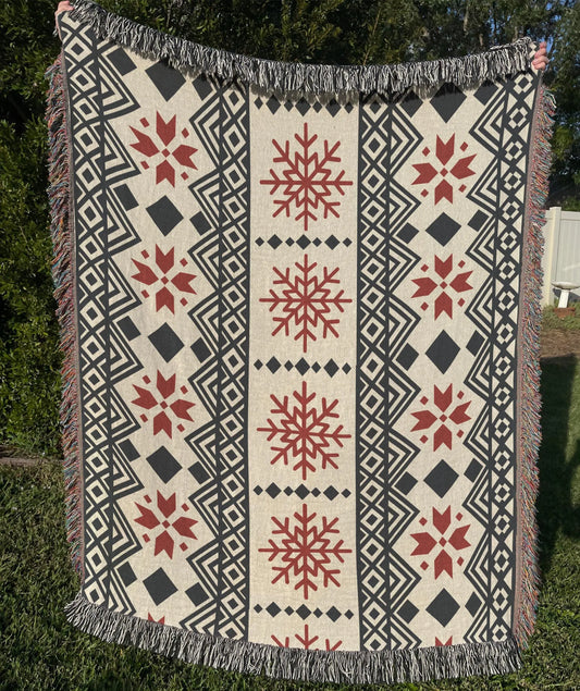 Nordic Snowflake Blanket - Cotton Woven Throw With Red Black Pattern | Cozy Winter Decor