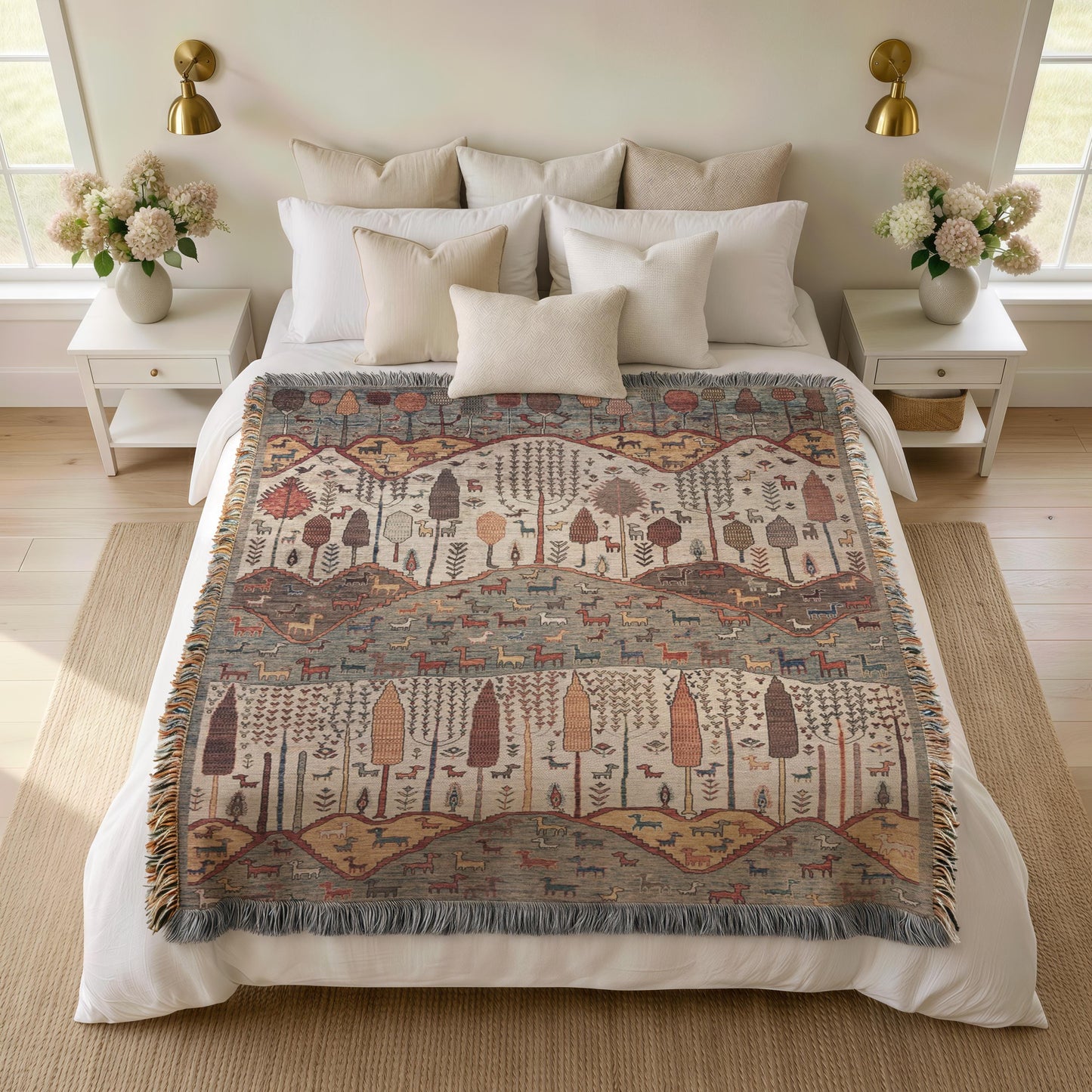 Modern Geometric woven blanket with geometric pattern styled for layered home decor