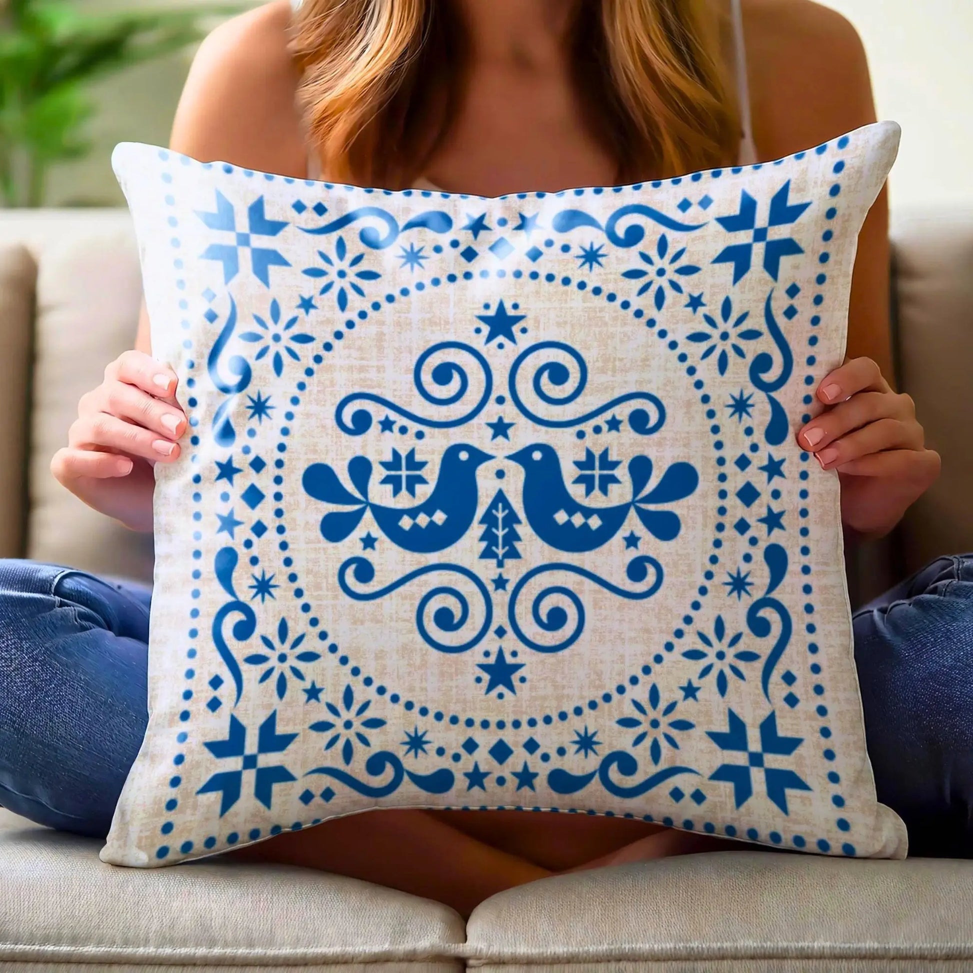 Blue Bird Cushion – Nordic Folk Pillow | Scandi Sofa Cushion | Woven Boho Throw