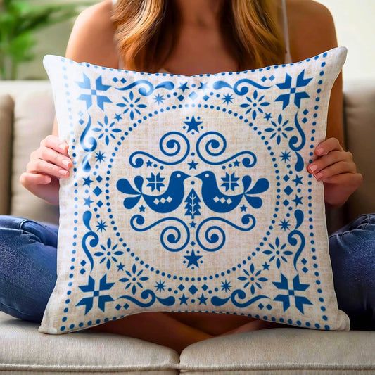 Blue Bird Cushion – Nordic Folk Pillow | Scandi Sofa Cushion | Woven Boho Throw