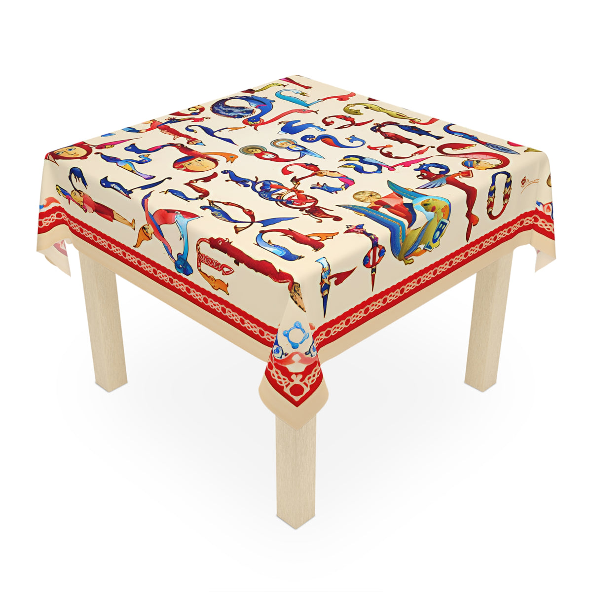 Armenian bird letter tablecloth draped over a square table