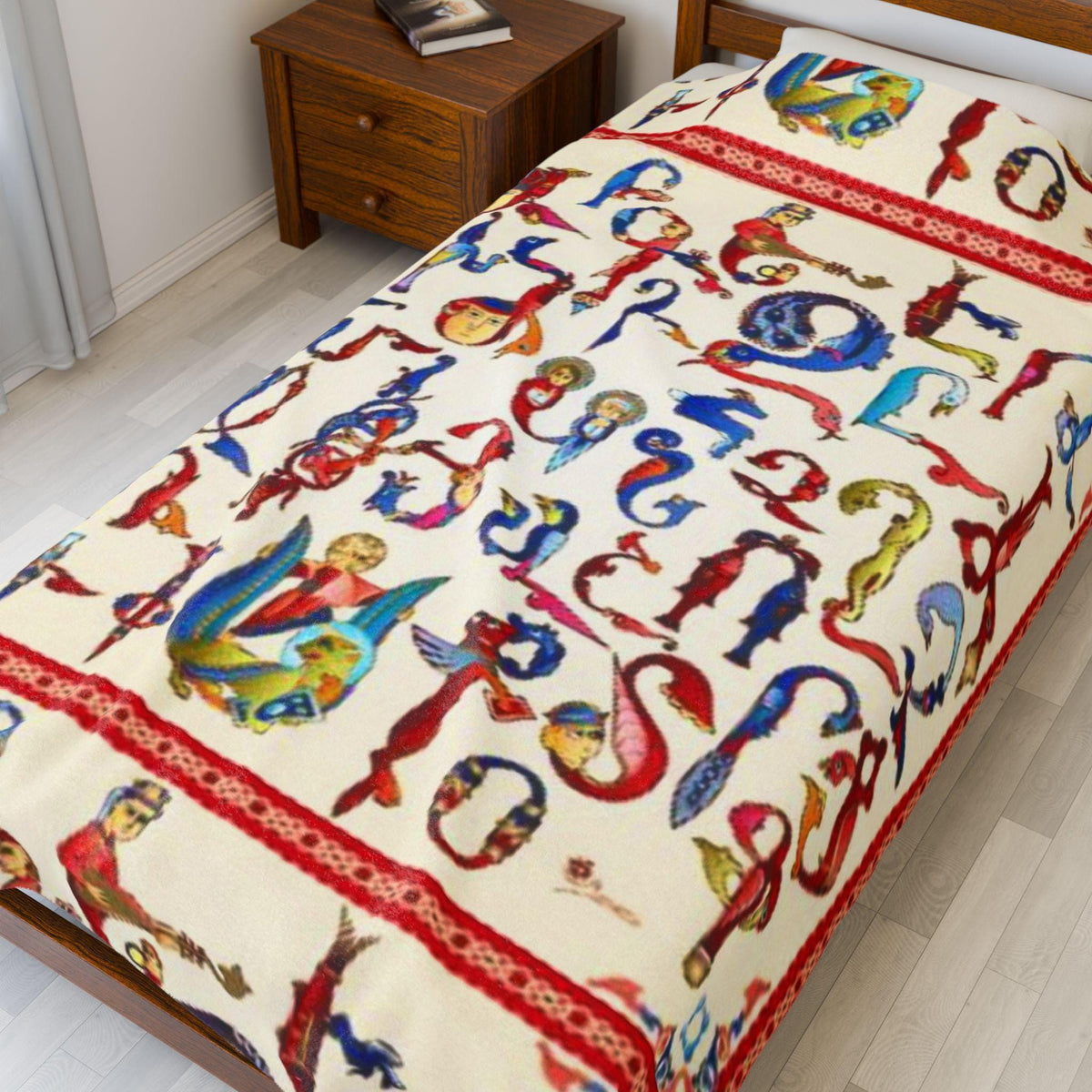 Armenian alphabet plush blanket with bird and animal letters on cream, patterned red border