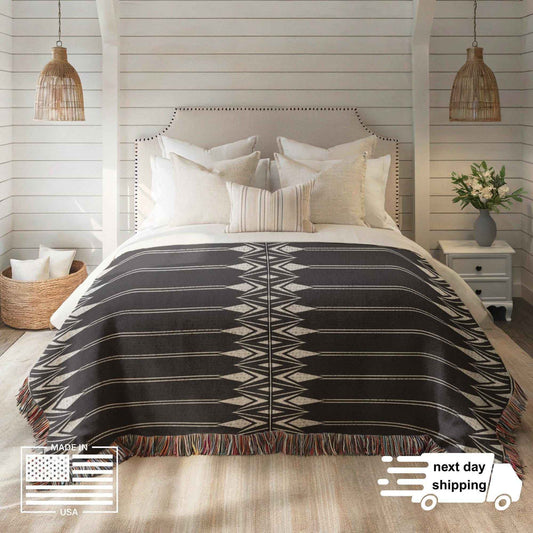Modern Geometric woven blanket with geometric pattern styled for layered home decor