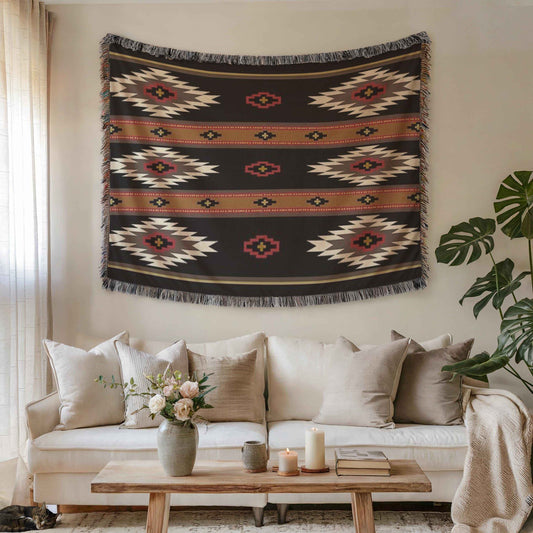 Southwestern woven wall tapestry with geometric pattern styled as textile wall decor