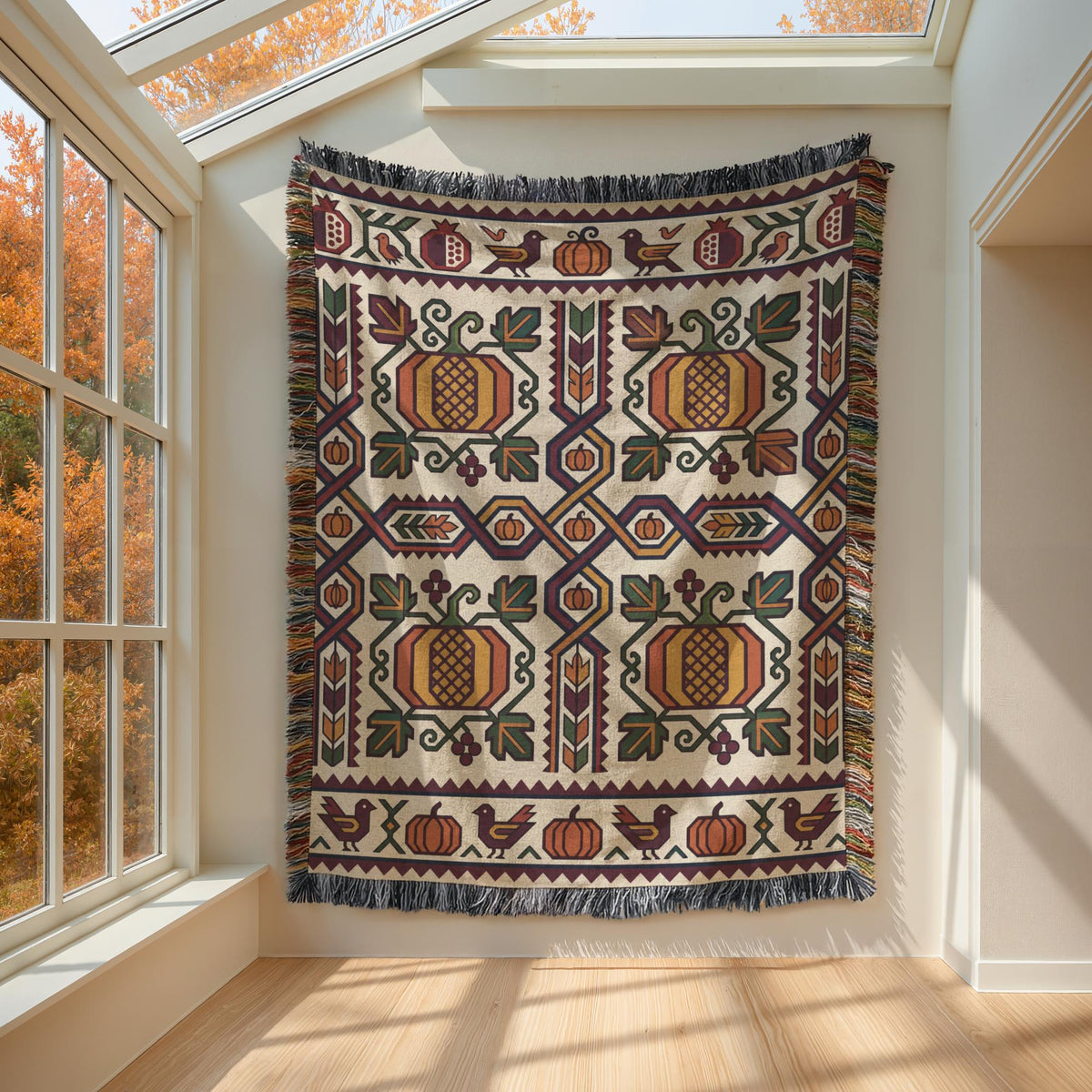 Geometric Armenian fall throw blanket hung flat on a wall beside a window