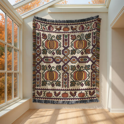 Geometric Armenian fall throw blanket hung flat on a wall beside a window