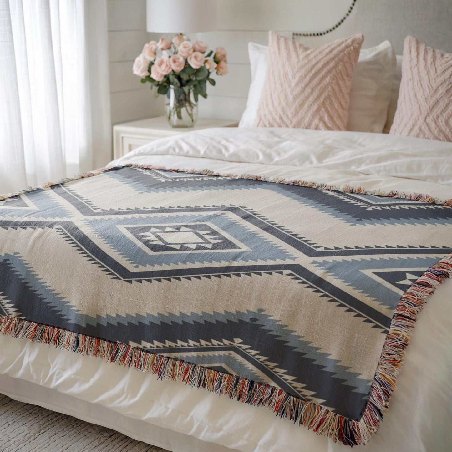 Southwestern woven blanket with geometric pattern styled for layered home decor