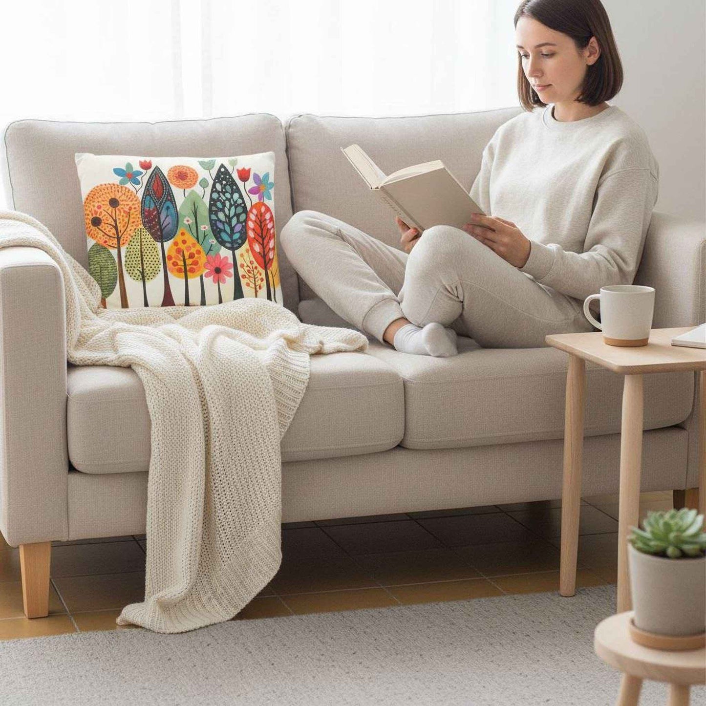 Scandinavian Inspired pillow cover with woven pattern styled on a sofa or bed