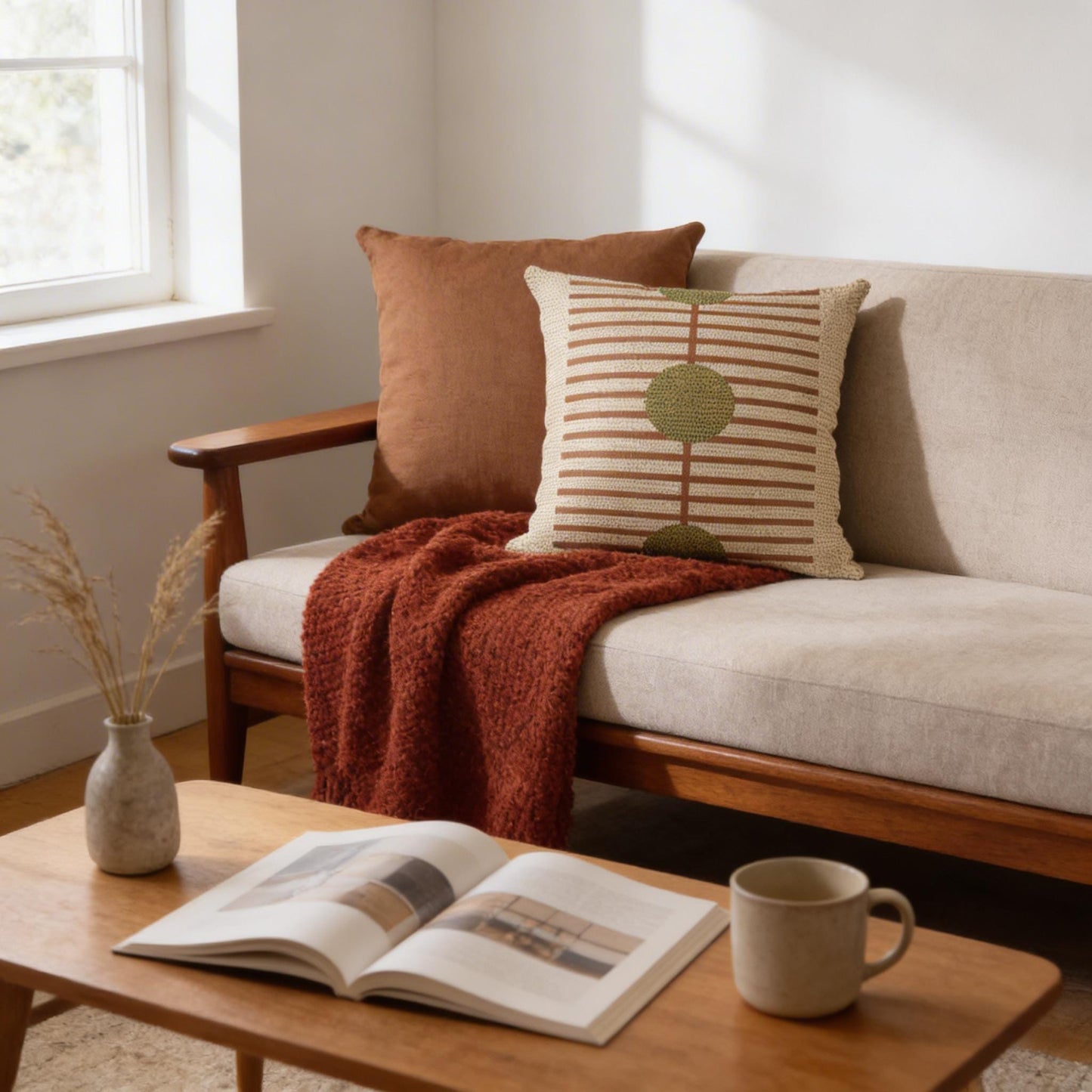 Scandinavian Inspired throw pillow with woven pattern styled on a sofa or bed
