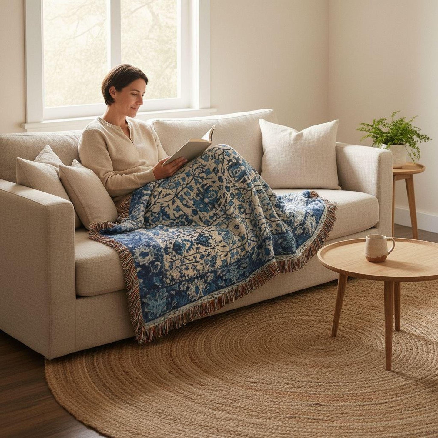 Caucasian Rug Inspired woven blanket with geometric pattern styled for layered home decor