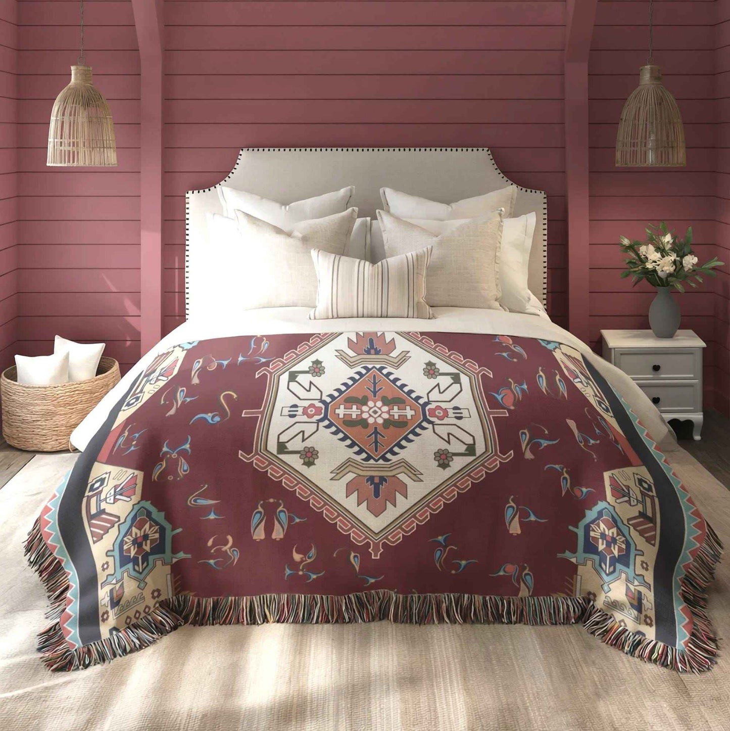 Anatolian Inspired woven blanket with woven pattern styled for layered home decor
