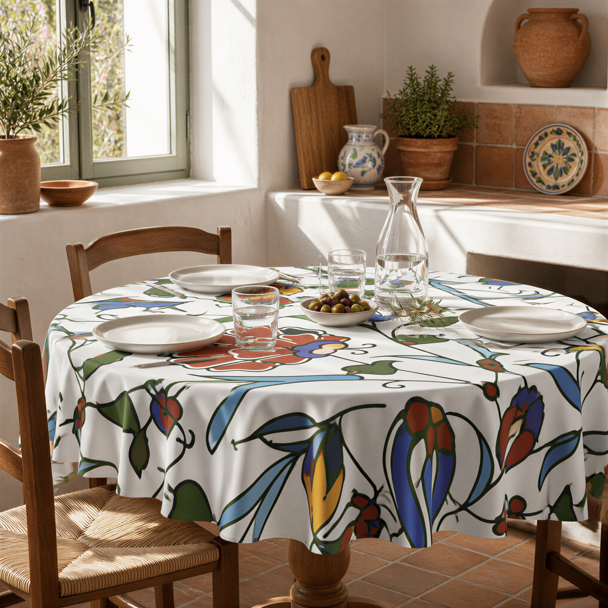 Armenian pottery tablecloth on a round table with plates, glasses and wooden chairs
