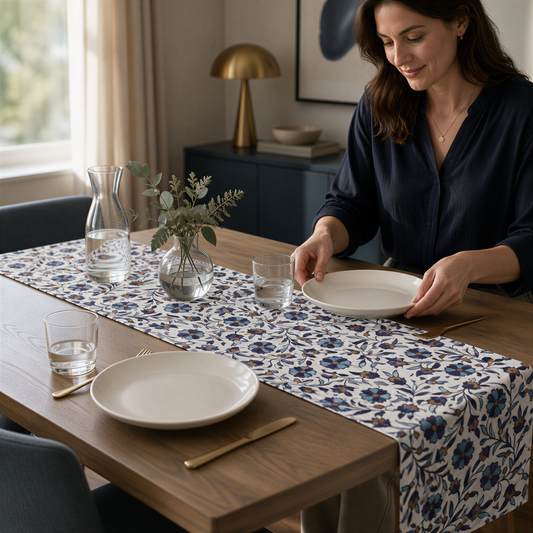 White Armenian Iznik floral table runner on a dining table set with white plates and glasses