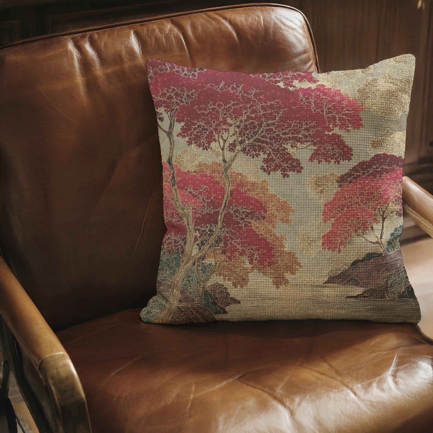 Modern Geometric throw pillow with geometric pattern styled on a sofa or bed