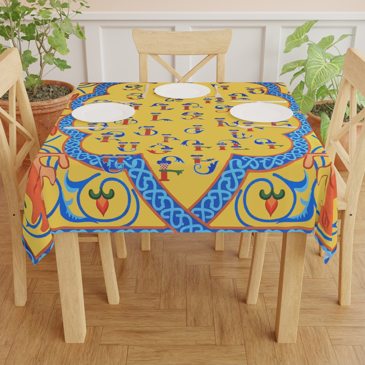 Armenian alphabet tablecloth in yellow and blue with red tulips