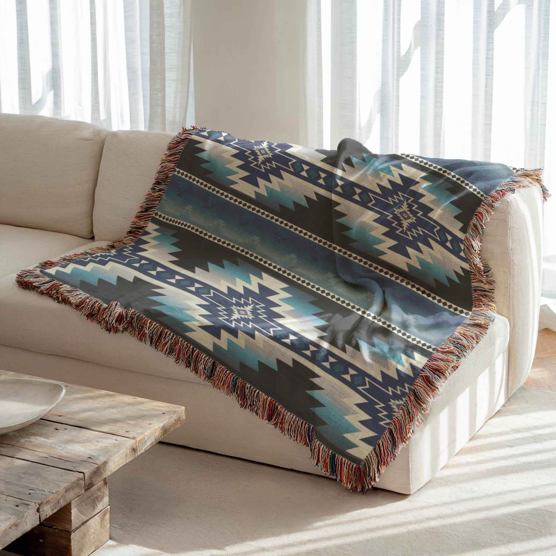 Native American Tribal Blanket - Cozy Cotton Woven Throw with Fringed Edges - timelessbohochic.com