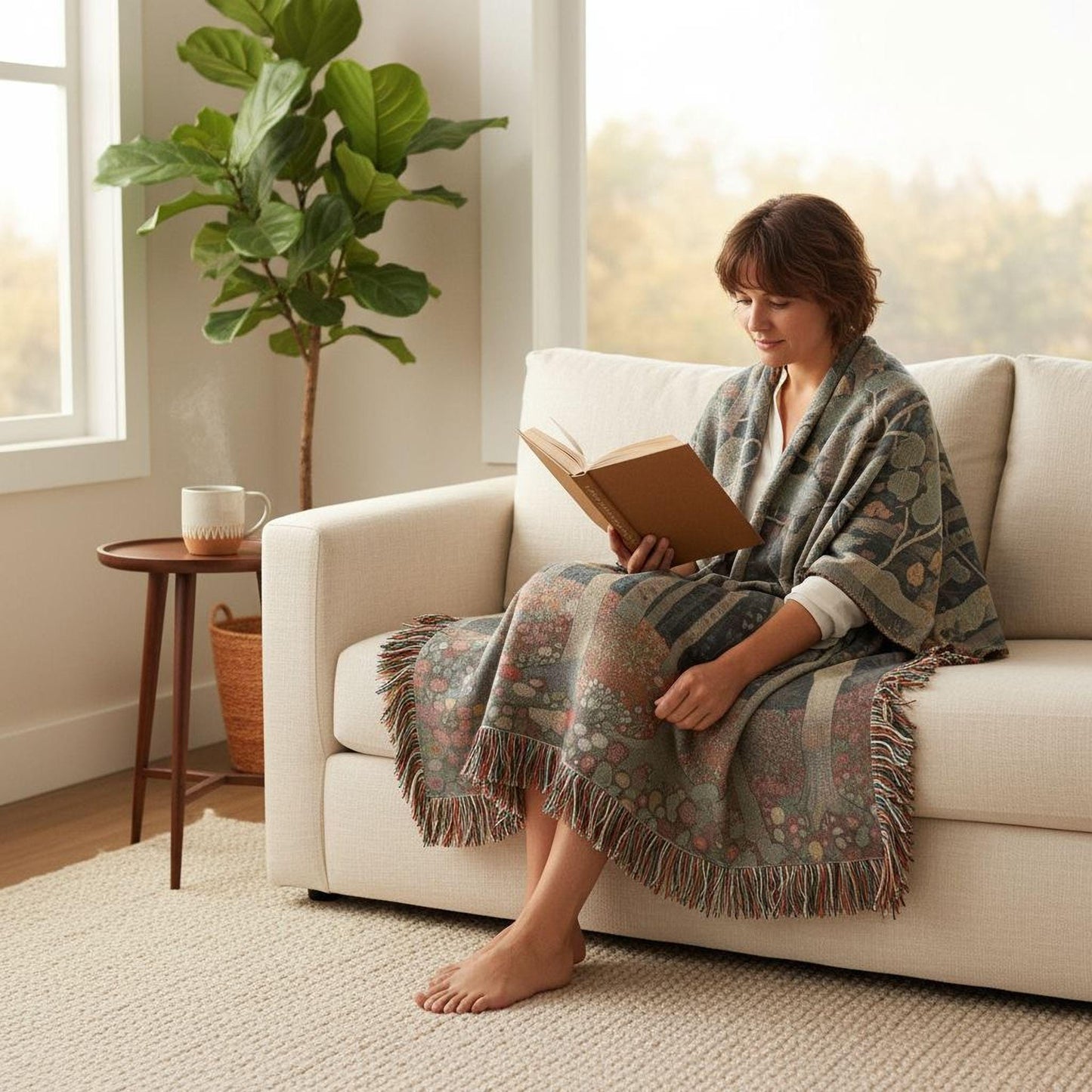 Scandinavian Inspired woven blanket with rug-style pattern styled for layered home decor
