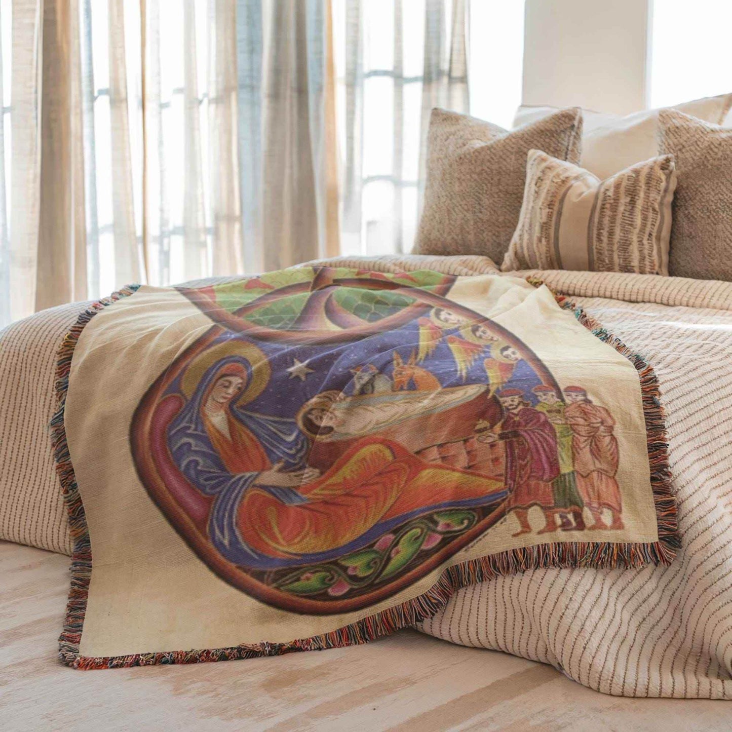 Armenian Nativity Throw Blanket – Large Cotton Cozy Holiday Throw with Colorful Tapestry - timelessbohochic.com