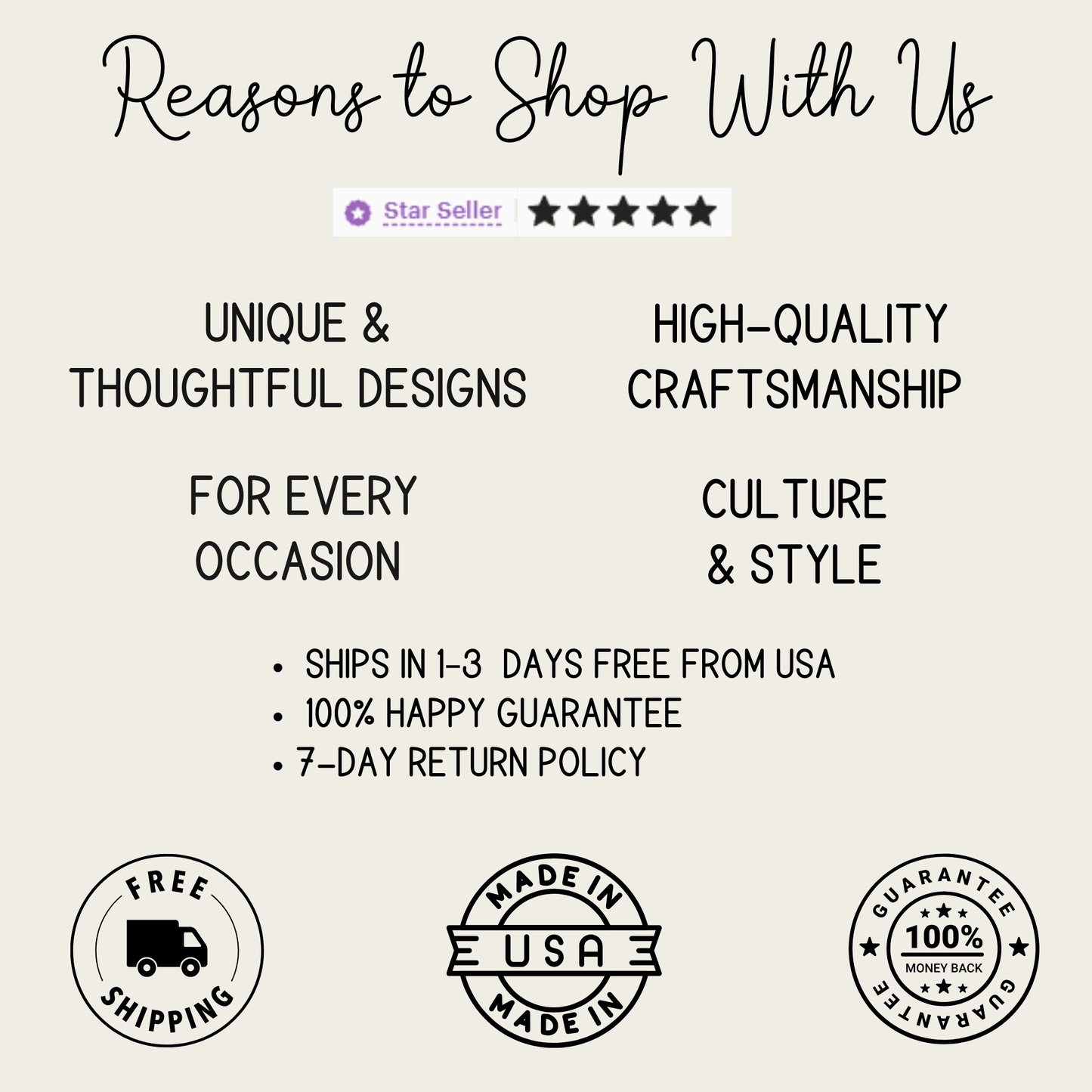 The image is a collection of text and logos related to shopping with a focus on unique and thoughtful designs, high-quality craftsmanship, and a 7-day return policy.