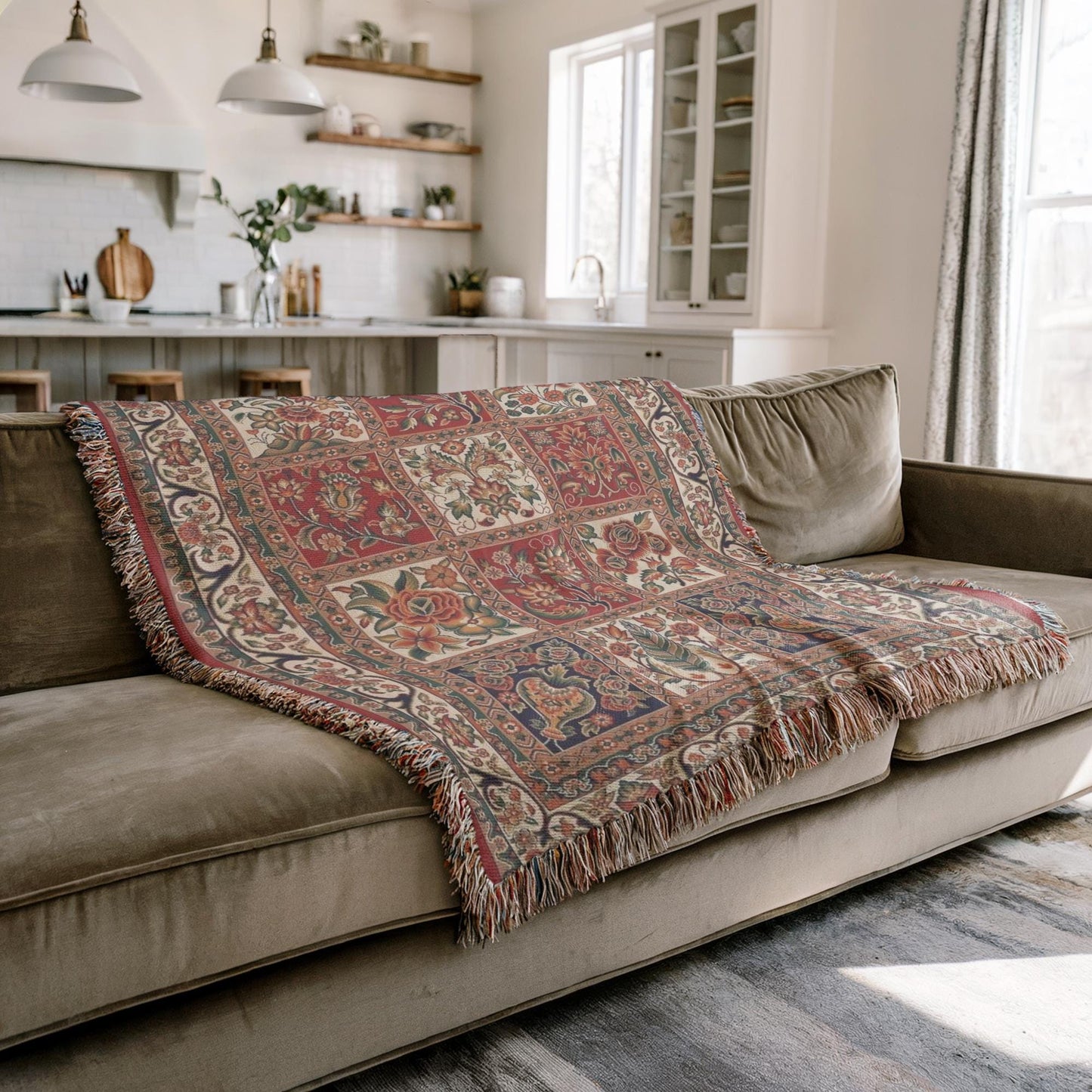 Anatolian Inspired woven blanket with floral pattern styled for layered home decor