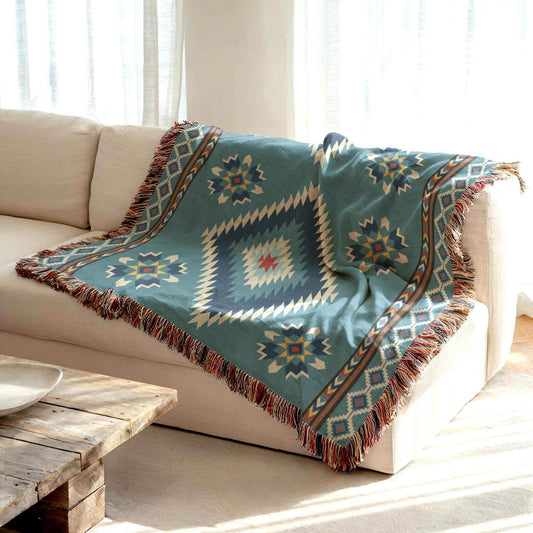 Southwestern Cotton Blanket - Navajo Design Throw With Fringed Edge Blanket - timelessbohochic.com