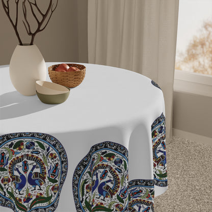 Armenian peacock tablecloth with paired blue peacocks in oval medallions