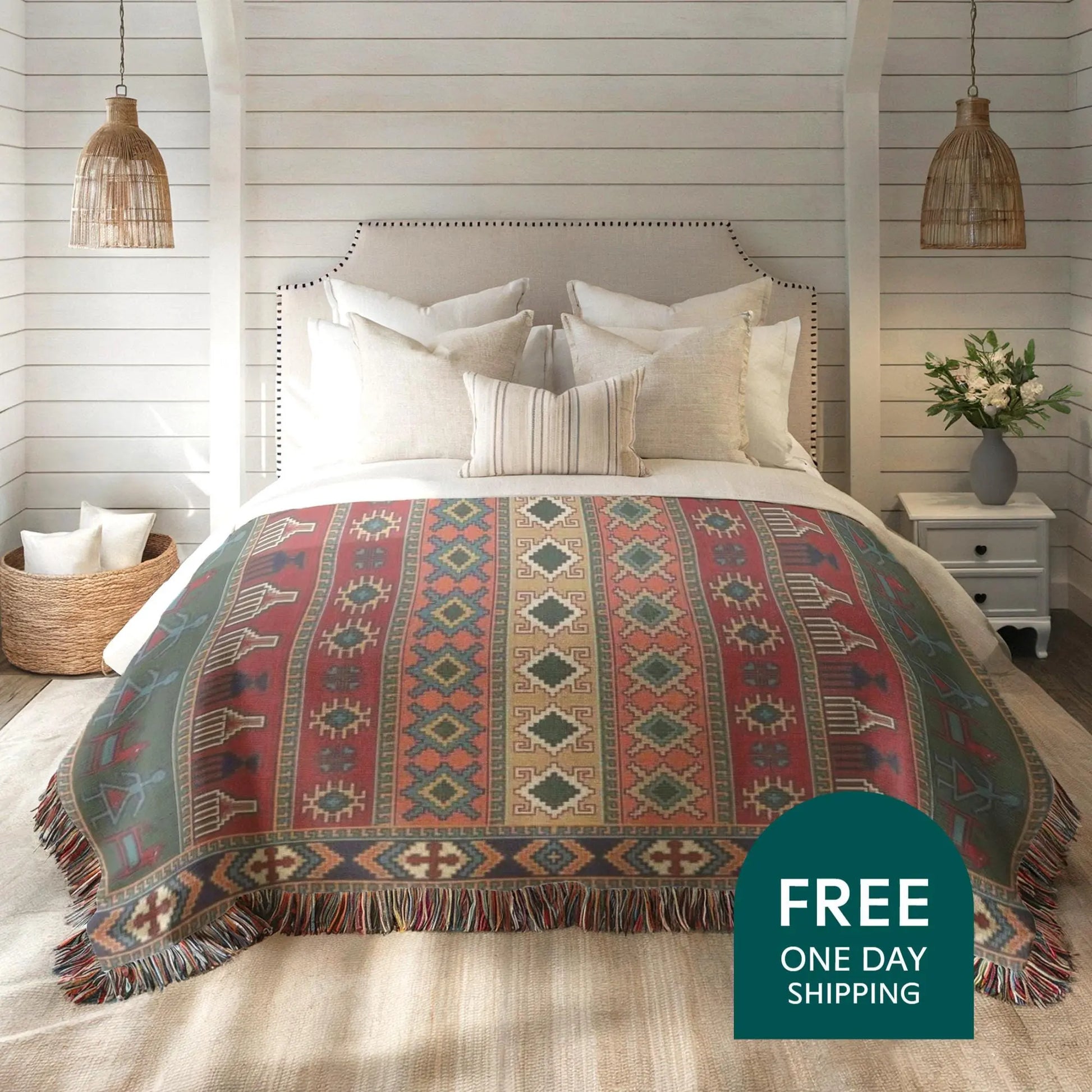 Woven Blanket - Kilim Inspired Blanket With Colorful Fringed Edges | Boho Throw
