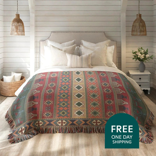 Woven Blanket - Kilim Inspired Blanket With Colorful Fringed Edges | Boho Throw