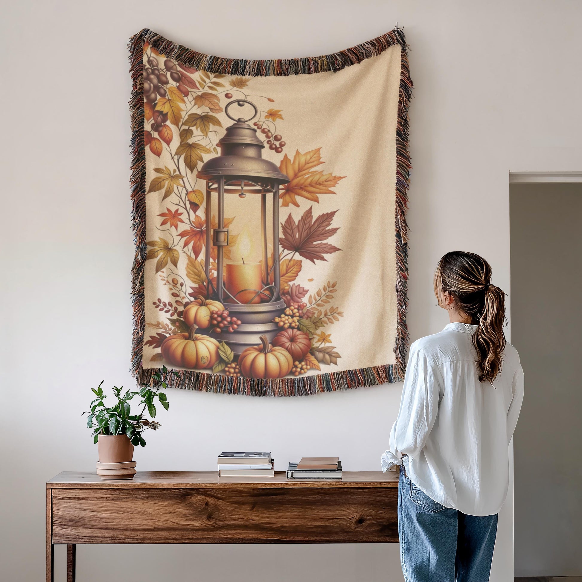 Texture Wall Art - Cozy Rustic Decoration With Pumpkin, Autumn Leaves & Colorful Fringed Edges