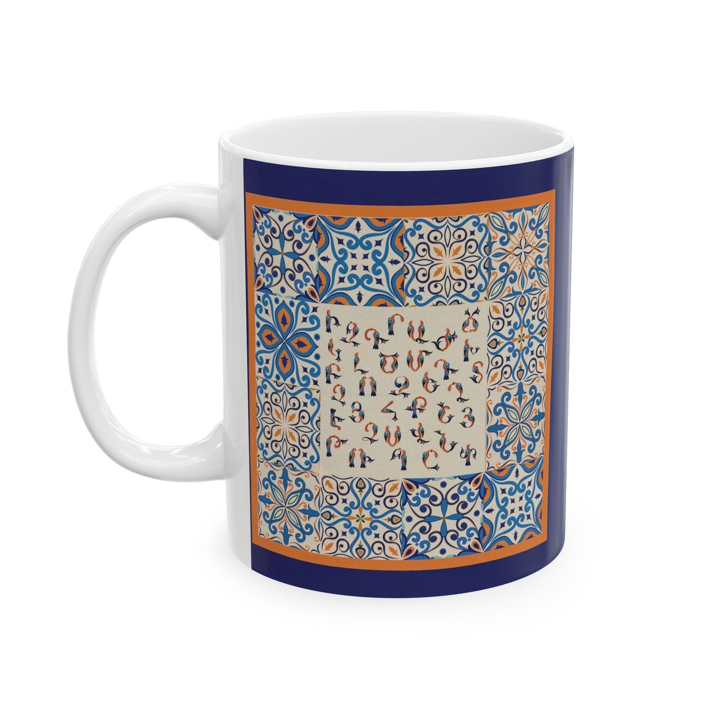 Armenian Alphabet Ceramic Mug, Blue and Orange, Personalized