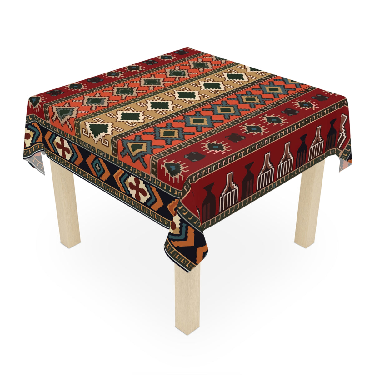 Deep red Armenian rug tablecloth draped over a square table