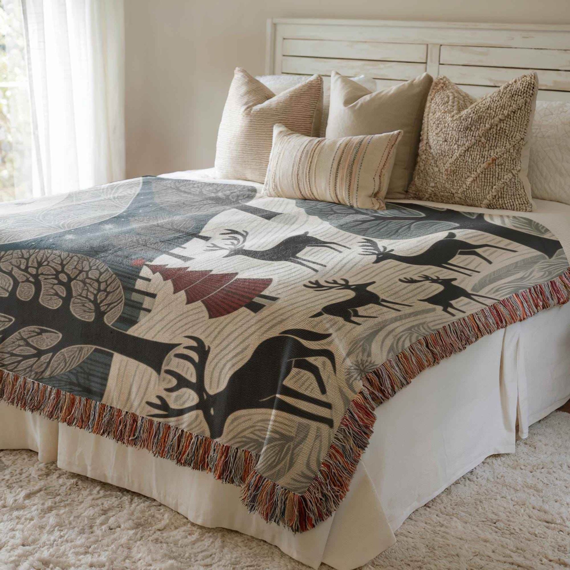 Christmas Bed Throw - Cozy Woven Cotton Blanket With Reindeer Gift - timelessbohochic.com