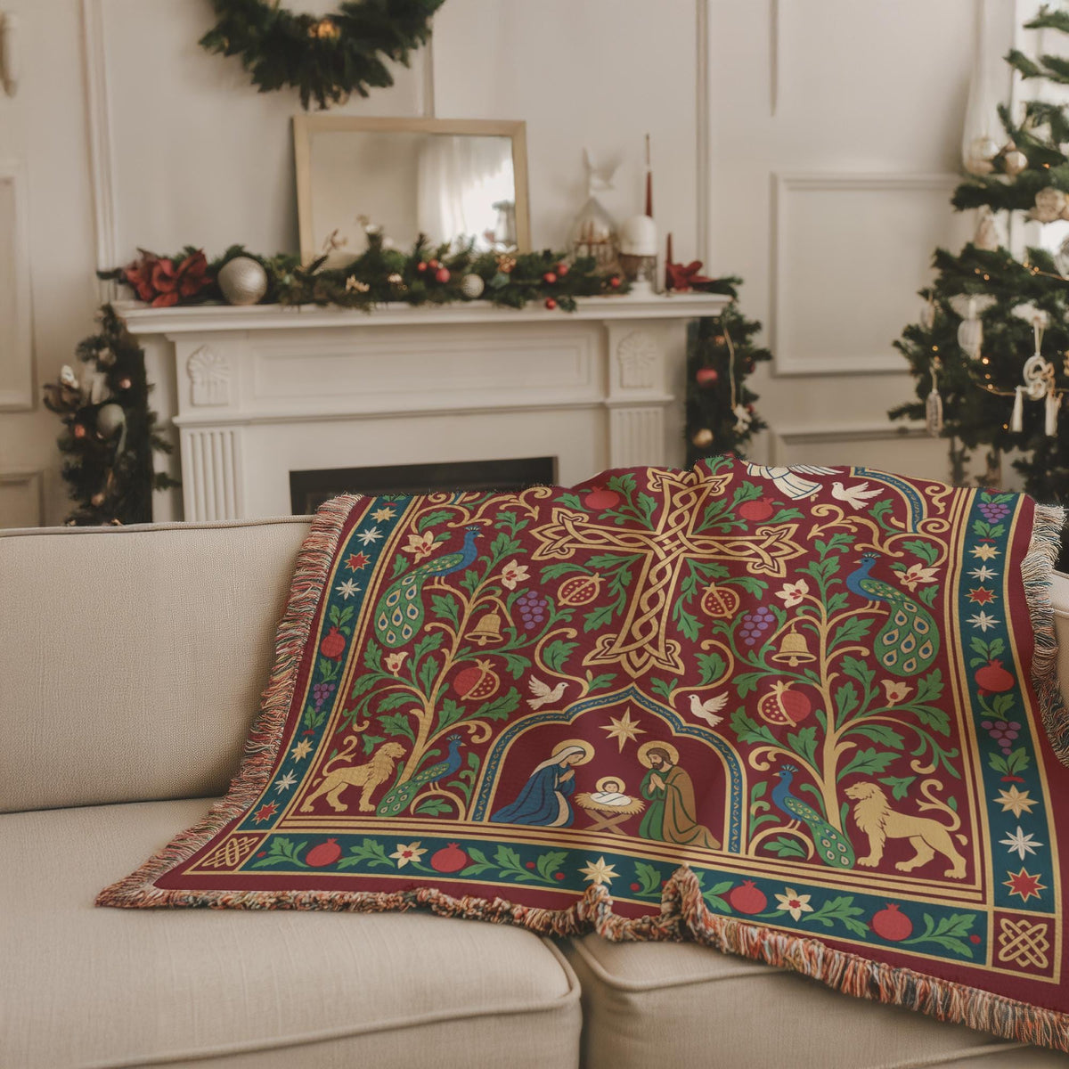 Armenian cross and Nativity woven blanket draped over a beige sofa by a white fireplace with Christmas decorations