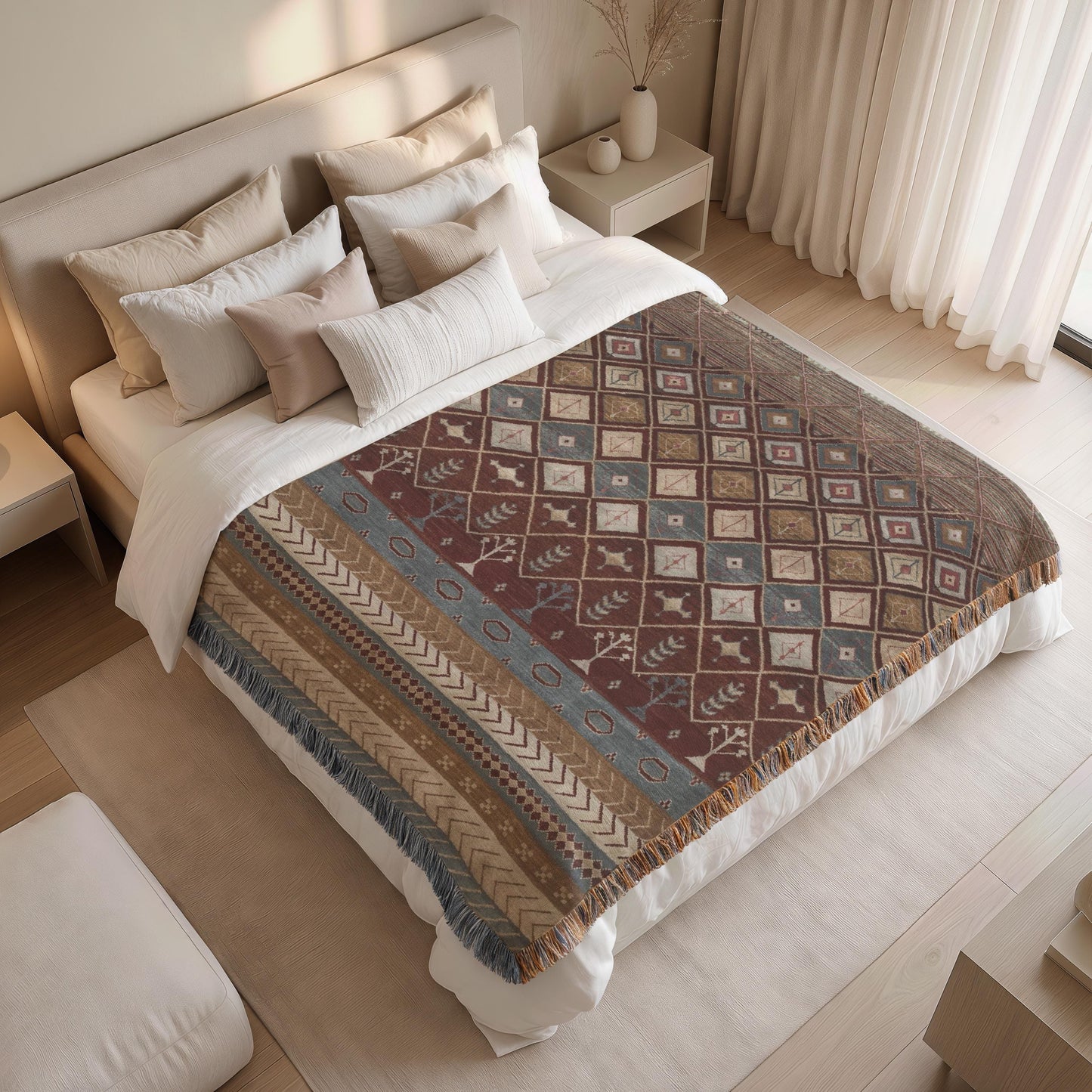 Southwestern woven blanket with geometric pattern styled for layered home decor
